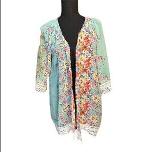 Women’s Sheer Floral Teal Open Cardigan, Size Small